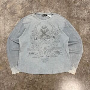 Vintage Y2K NOBO Blue Faded & Distressed Grunge Waffle Knit Thermal Size L